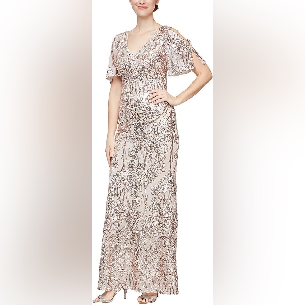 Alex Evenings V-Neck Sequin Dress with Cold Shoulder Flutter Sleeve
